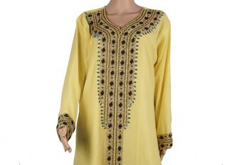 Lemon Yellow Georgette Kaftan Dress with Black and Turquoise Embroidery 2