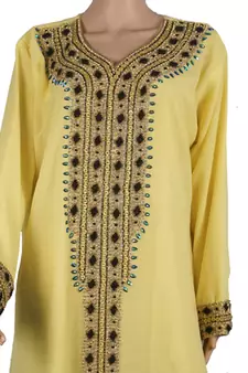 Lemon Yellow Georgette Kaftan Dress with Black and Turquoise Embroidery