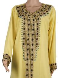 Lemon Yellow Georgette Kaftan Dress with Black and Turquoise Embroidery
