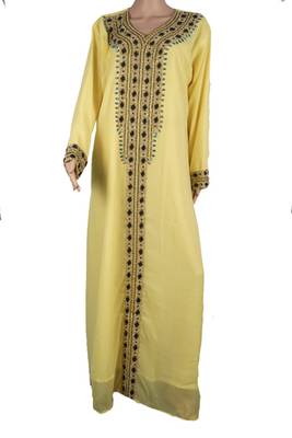 Lemon Yellow Georgette Kaftan Dress with Black and Turquoise Embroidery 1
