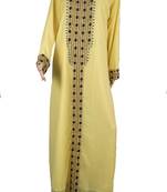 Lemon Yellow Georgette Kaftan Dress with Black and Turquoise Embroidery