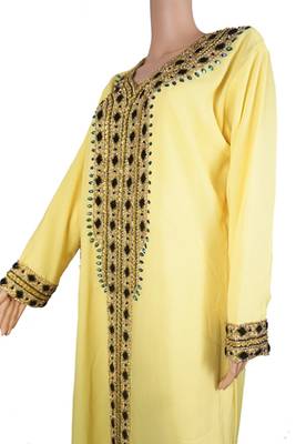 Lemon Yellow Georgette Kaftan Dress with Black and Turquoise Embroidery 3