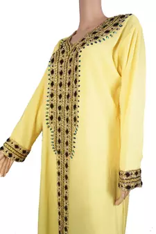Lemon Yellow Georgette Kaftan Dress with Black and Turquoise Embroidery