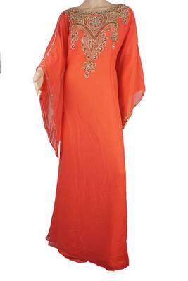 Orange Zari Stone Work Georgette Islamic Style Maxi PartyWear Farasha 1