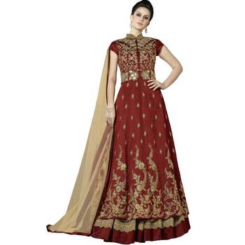 Maroon Embroidered Silk Anarkali Suit 1