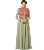 Lime embroidered georgette long-kurtis