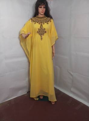 Yellow Zari Work Stones and Crystal Embedded Georgette Islamic Maxi Arabian Party Wear Farasha 1