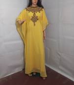 Yellow Zari Work Stones and Crystal Embedded Georgette Islamic Maxi Arabian Party Wear Farasha