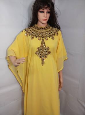 Yellow Zari Work Stones and Crystal Embedded Georgette Islamic Maxi Arabian Party Wear Farasha 2