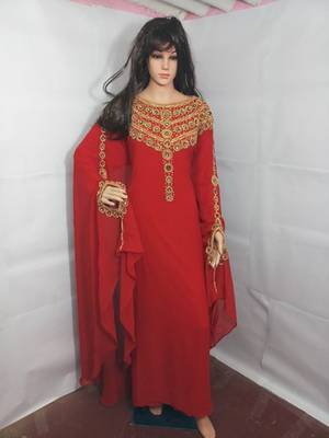 Red Zari Work Stones and Crystal Embedded Georgette Islamic Maxi Arabian Party Wear Farasha 1