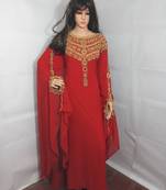 Red Zari Work Stones and Crystal Embedded Georgette Islamic Maxi Arabian Party Wear Farasha