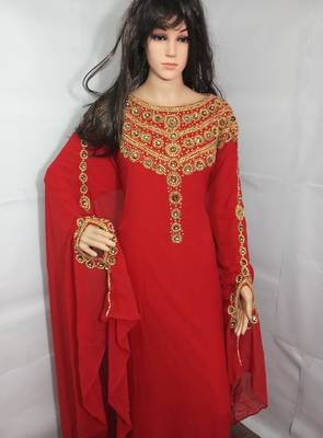Red Zari Work Stones and Crystal Embedded Georgette Islamic Maxi Arabian Party Wear Farasha 2