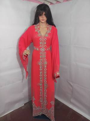 Pink Zari Work Stones and Crystal Embedded Georgette Islamic Maxi Arabian Party Wear Kaftan 1