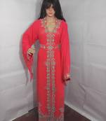 Pink Zari Work Stones and Crystal Embedded Georgette Islamic Maxi Arabian Party Wear Kaftan