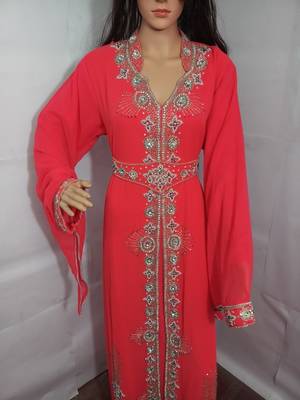 Pink Zari Work Stones and Crystal Embedded Georgette Islamic Maxi Arabian Party Wear Kaftan 2
