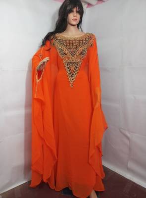 Orange Zari Work Stones and Crystal Embedded Georgette Islamic Maxi Arabian Party Wear Farasha 1