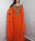 Orange Zari Work Stones and Crystal Embedded Georgette Islamic Maxi Arabian Party Wear Farasha