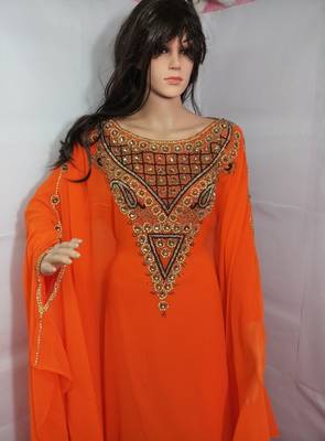 Orange Zari Work Stones and Crystal Embedded Georgette Islamic Maxi Arabian Party Wear Farasha 2