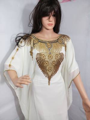 White Zari Work Stones and Crystal Embedded Georgette Islamic Maxi Arabian Party Wear Farasha 1
