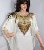 White Zari Work Stones and Crystal Embedded Georgette Islamic Maxi Arabian Party Wear Farasha
