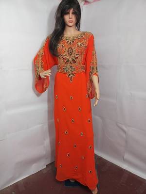 Orange Zari Work Stones and Crystal Embedded Georgette Islamic Maxi Arabian Party Wear Farasha 1