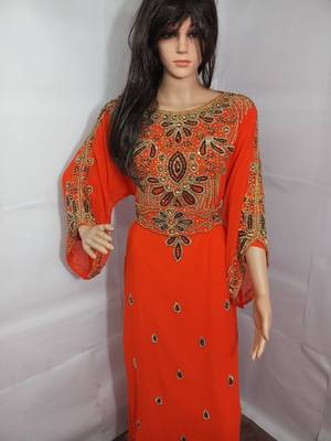 Orange Zari Work Stones and Crystal Embedded Georgette Islamic Maxi Arabian Party Wear Farasha 2