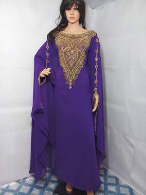 Purple Zari Work Stones and Crystal Embedded Georgette Islamic Maxi Arabian Party Wear Farasha 1