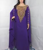 Purple Zari Work Stones and Crystal Embedded Georgette Islamic Maxi Arabian Party Wear Farasha