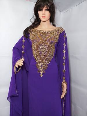 Purple Zari Work Stones and Crystal Embedded Georgette Islamic Maxi Arabian Party Wear Farasha 2