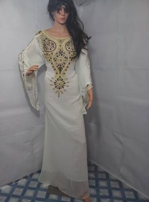 White Zari Work Stones and Crystal Embedded Georgette Islamic Maxi Arabian Party Wear Farasha 1