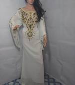 White Zari Work Stones and Crystal Embedded Georgette Islamic Maxi Arabian Party Wear Farasha