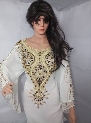 White Zari Work Stones and Crystal Embedded Georgette Islamic Maxi Arabian Party Wear Farasha 2
