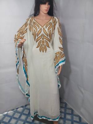 White Zari Work Stones and Crystal Embedded Georgette Islamic Maxi Arabian Party Wear Farasha 1