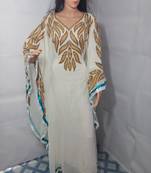White Zari Work Stones and Crystal Embedded Georgette Islamic Maxi Arabian Party Wear Farasha