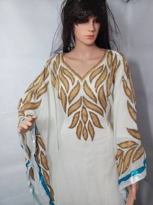 White Zari Work Stones and Crystal Embedded Georgette Islamic Maxi Arabian Party Wear Farasha 2