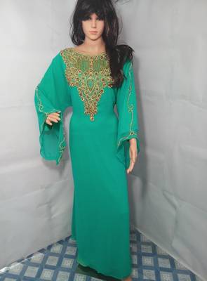 Green Zari Work Stones and Crystal Embedded Georgette Islamic Maxi Arabian Party Wear Farasha 1