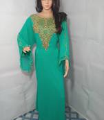 Green Zari Work Stones and Crystal Embedded Georgette Islamic Maxi Arabian Party Wear Farasha