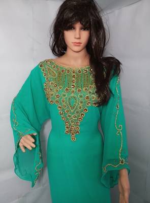 Green Zari Work Stones and Crystal Embedded Georgette Islamic Maxi Arabian Party Wear Farasha 2