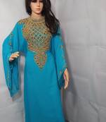 Blue Zari Work Stones and Crystal Embedded Georgette Islamic Maxi Arabian Party Wear Farasha