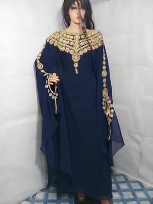 Blue Zari Work Stones and Crystal Embedded Georgette Islamic Maxi Arabian Party Wear Farasha 1