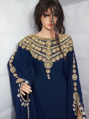 Blue Zari Work Stones and Crystal Embedded Georgette Islamic Maxi Arabian Party Wear Farasha 2