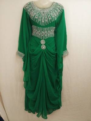 Green Zari Work Stones and Crystal Embedded Georgette Islamic Maxi Arabian Party Wear Farasha 1