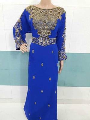 Blue Zari Work Stones and Crystal Embedded Georgette Islamic Maxi Arabian Party Wear Farasha 1