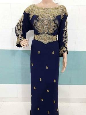 Blue Zari Work Stones and Crystal Embedded Georgette Islamic Maxi Arabian Party Wear Farasha 1