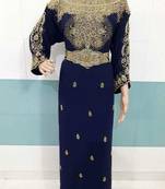 Blue Zari Work Stones and Crystal Embedded Georgette Islamic Maxi Arabian Party Wear Farasha