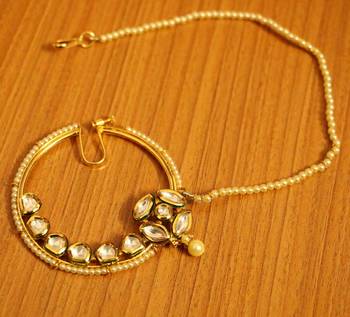 Kundan Polki Bridal Look Pearl Nose Ring 1