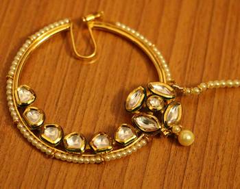Kundan Polki Bridal Look Pearl Nose Ring 2