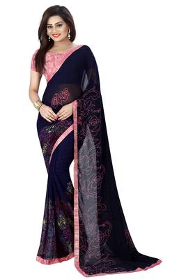 Blue printed faux georgette saree with blouse 1