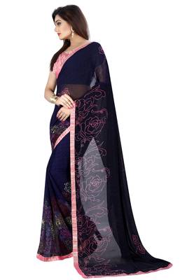 Blue printed faux georgette saree with blouse 2