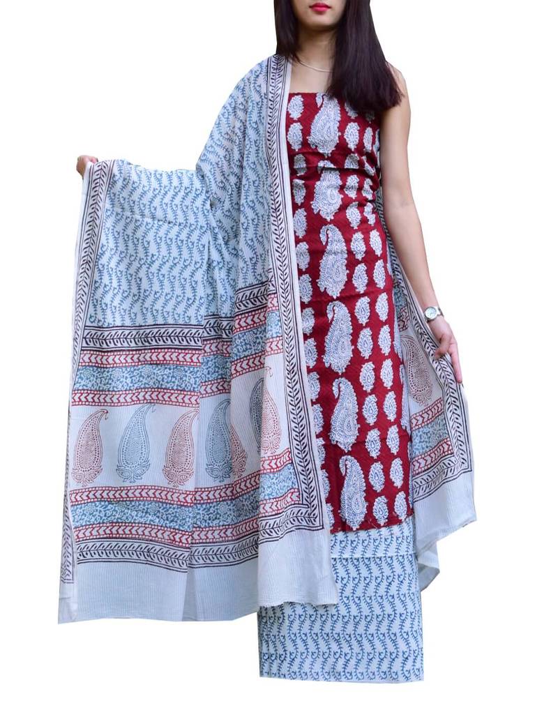 Giftpiper Bagh Print Salwar Suit In Cotton  Red & White 5